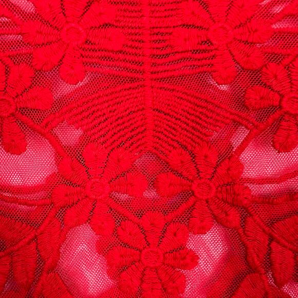 Express RED Lace Embroidered Floral Flowery with Leaves Women's Sheer Top S - Picture 3 of 13